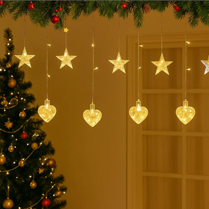 Instalație Luminoasă LED de Crăciun 3x1.5 m, cu Stele și Inimi Lumină Alb Caldă, Decor Elegant pentru Interior și Exterior