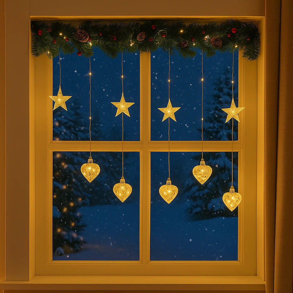 Instalație Luminoasă LED de Crăciun 3x1.5 m, cu Stele și Inimi Lumină Alb Caldă, Decor Elegant pentru Interior și Exterior