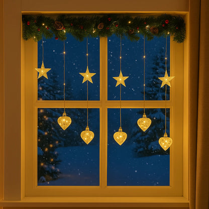 Instalație Luminoasă LED de Crăciun 3x1.5 m, cu Stele și Inimi Lumină Alb Caldă, Decor Elegant pentru Interior și Exterior
