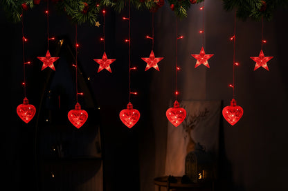 Instalație Luminoasă LED de Crăciun 3×1.5 m, cu Stele și Inimi Lumina Rosie, Decor Elegant pentru Interior și Exterior