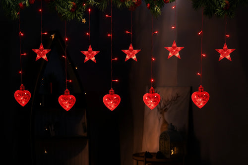 Instalație Luminoasă LED de Crăciun 3×1.5 m, cu Stele și Inimi Lumina Rosie, Decor Elegant pentru Interior și Exterior