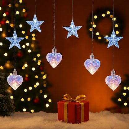 Instalație Luminoasă LED de Crăciun 3×1.5 m, cu Stele și Inimi Multicolor, Decor Elegant pentru Interior și Exterior