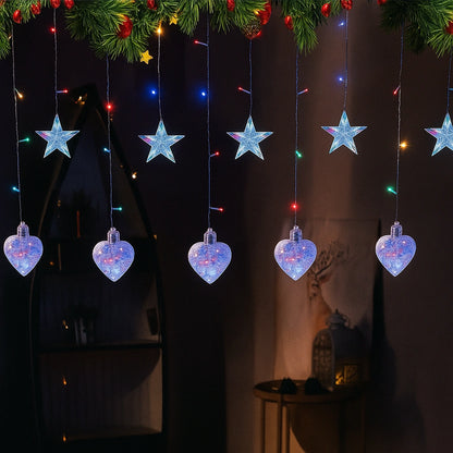 Instalație Luminoasă LED de Crăciun 3×1.5 m, cu Stele și Inimi Multicolor, Decor Elegant pentru Interior și Exterior