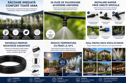 Kit Răcire pentru Terasă cu 20 Duze 20M, Pulverizare Fina Sistem Eficient de Răcire pentru Grădină, Foișor, Balcon și Spații Exterioare