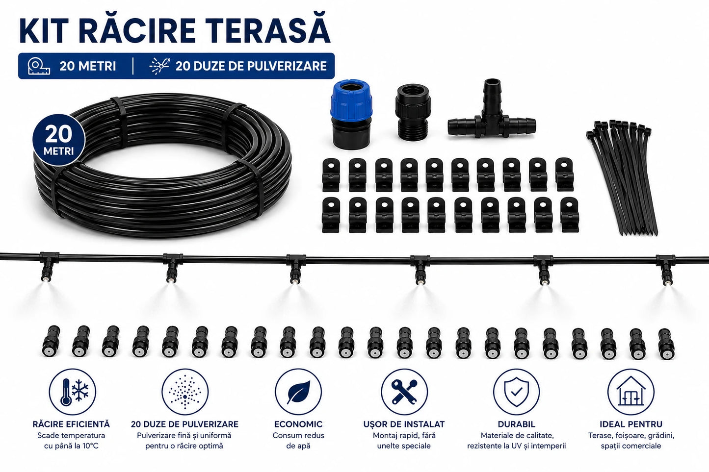 Kit Răcire pentru Terasă cu 20 Duze 20M, Pulverizare Fina Sistem Eficient de Răcire pentru Grădină, Foișor, Balcon și Spații Exterioare