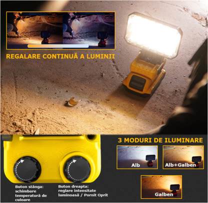Lampă de Lucru LED Profesională Acumulator 18V, Reglabilă 3500 mAh, 80W, 3800 Lumeni, Lumină Caldă si Rece, Port USB Încărcător Telefon Type-C