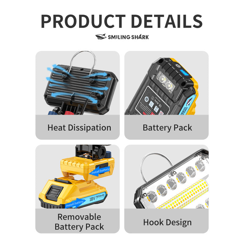 Lampă de Lucru LED Profesională Acumulator 18V, Reglabilă 3500 mAh, 80W, 3800 Lumeni, Lumină Caldă si Rece, Port USB Încărcător Telefon Type-C