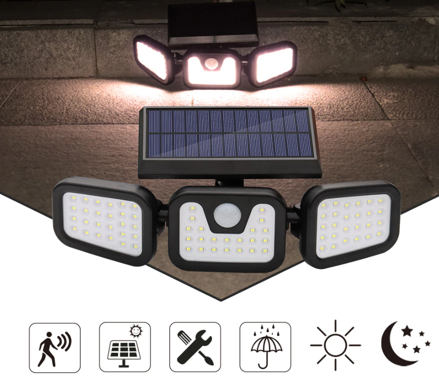 Lampa solara cu 3 capete LED, Panouri rotative 80W, 300Lm, senzor de lumina senzor de miscare, Rezistenta la apa IP65