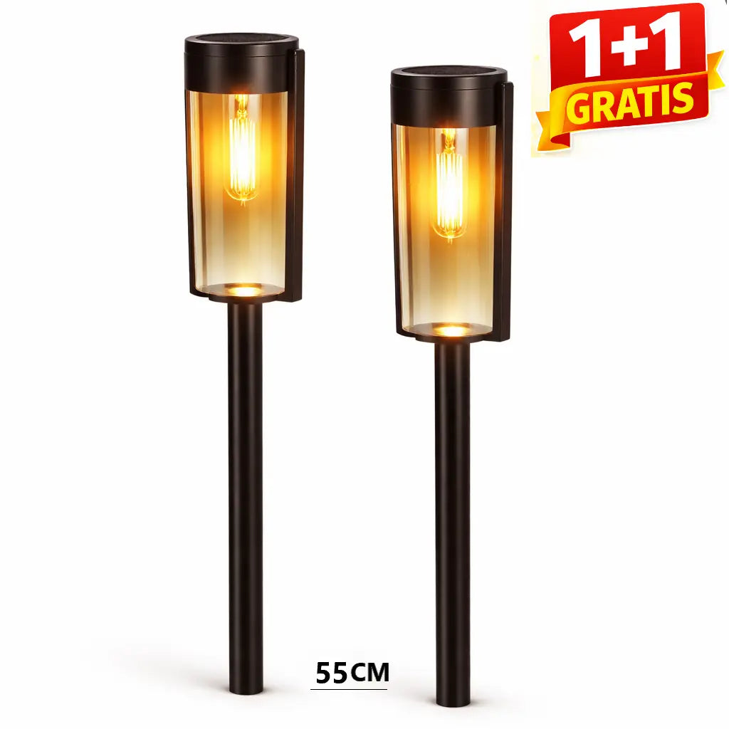 Lampa solara de gradina 1+1 Gratis Tip Felinar LED 55Cm Rezitenta la intemperii IP65 Lumina calda Pentru Curte, Alee, Drum