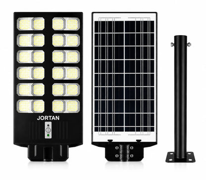 Lampa Solara Dubla LED Jortan, 2400W, Telecomanda, Suport metalic inclus, Unghi Larg de iluminare, Autonomie extinsa, Senzor de miscare si de Lumina, Panou Solar Monocristalin