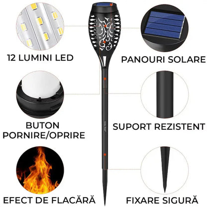 Lampa Solara Efect Flacara Tip Torta, 80CM 96 LED-uri, Pentru Gradina Varinata mare Rezistenta la Apa