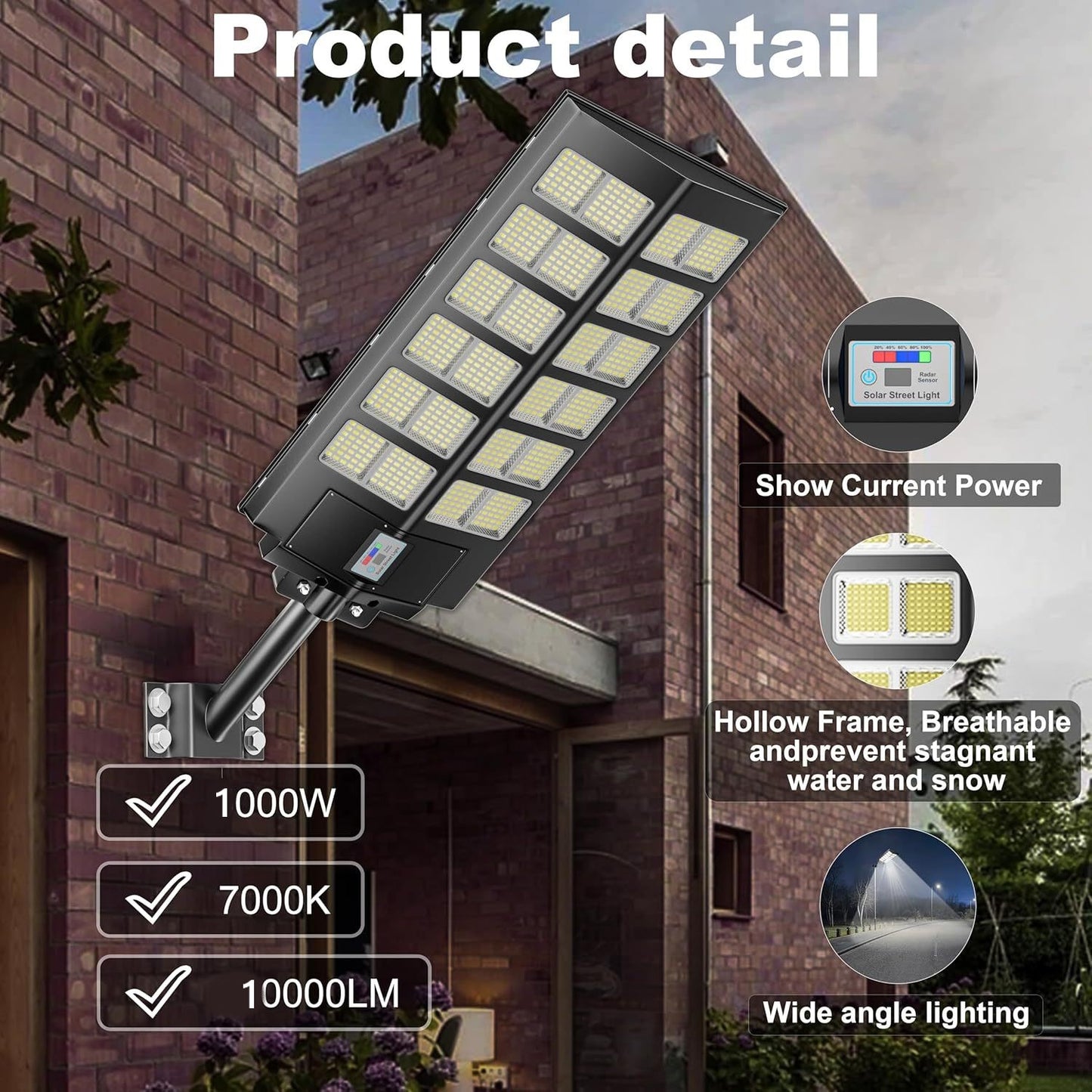 Lampa Solara Jortan Dubla 1000W, LED Next Gen, 10.000 Lumeni, Telecomanda, Senzor de Lumina, 3 Moduri de iluminare Autonomie 12 ore, Multiple functii de programare, Stalp metalic inclus