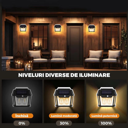 Lampă Solară LED de Perete Tip Felinar Retro 3 Becuri, Iluminat Exterior cu Senzor de Mișcare 8m, 3 Moduri Inteligente de lumina, IP65, Fără Fir, Ideală pentru Curte și Grădină