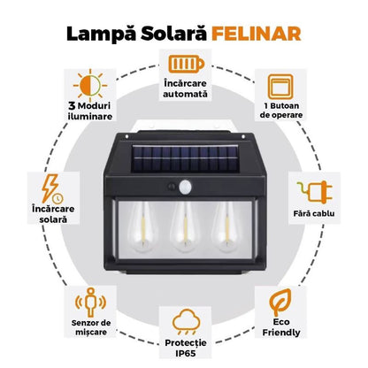 Lampă Solară LED de Perete Tip Felinar Retro 3 Becuri, Iluminat Exterior cu Senzor de Mișcare 8m, 3 Moduri Inteligente de lumina, IP65, Fără Fir, Ideală pentru Curte și Grădină