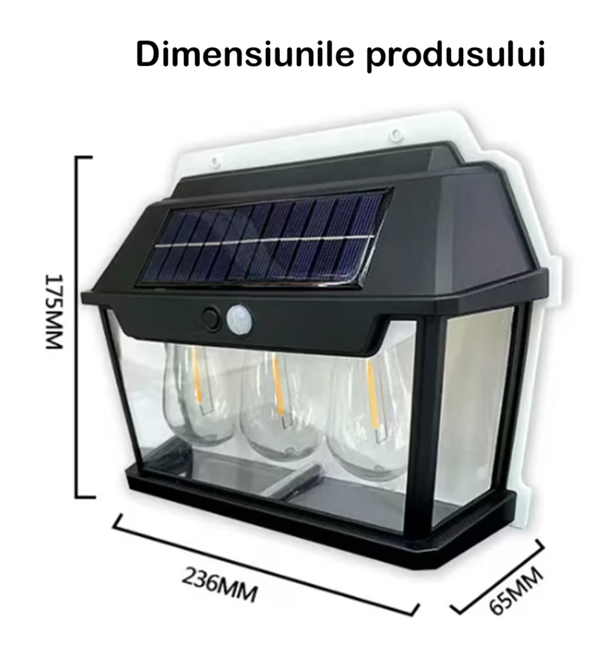 Lampă Solară LED de Perete Tip Felinar Retro 3 Becuri, Iluminat Exterior cu Senzor de Mișcare 8m, 3 Moduri Inteligente de lumina, IP65, Fără Fir, Ideală pentru Curte și Grădină