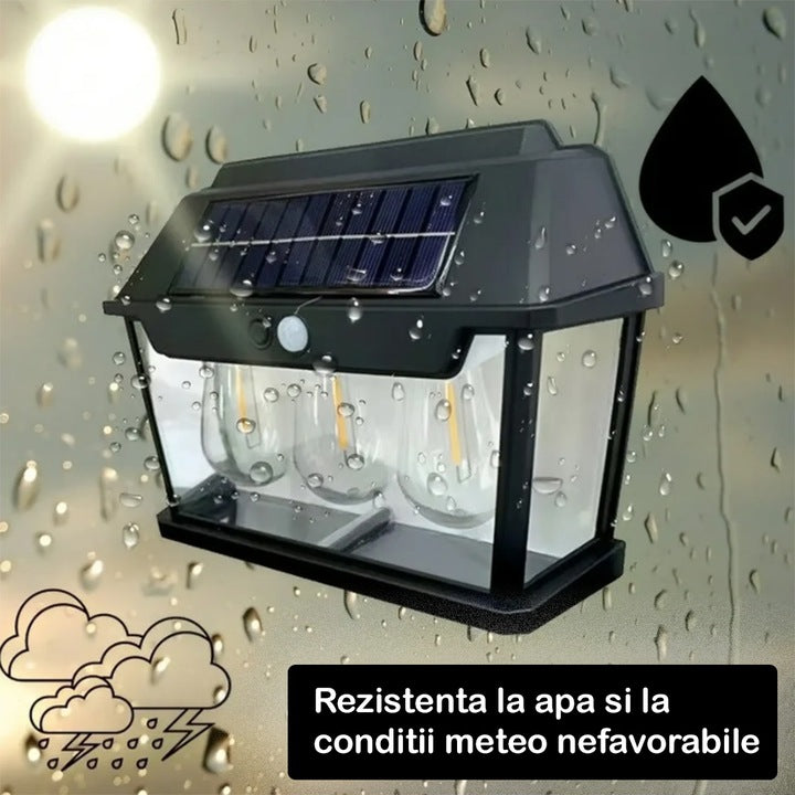 Lampă Solară LED de Perete Tip Felinar Retro 3 Becuri, Iluminat Exterior cu Senzor de Mișcare 8m, 3 Moduri Inteligente de lumina, IP65, Fără Fir, Ideală pentru Curte și Grădină