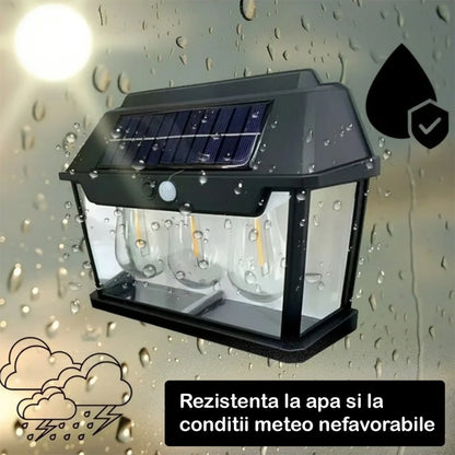 Lampă Solară LED de Perete Tip Felinar Retro 3 Becuri, Iluminat Exterior cu Senzor de Mișcare 8m, 3 Moduri Inteligente de lumina, IP65, Fără Fir, Ideală pentru Curte și Grădină