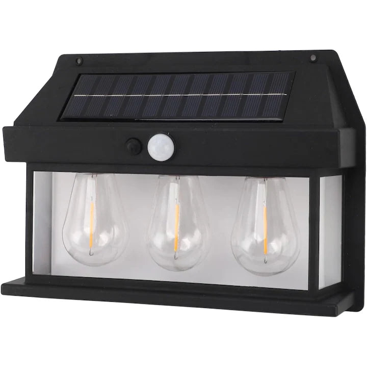 Lampă Solară LED de Perete Tip Felinar Retro 3 Becuri, Iluminat Exterior cu Senzor de Mișcare 8m, 3 Moduri Inteligente de lumina, IP65, Fără Fir, Ideală pentru Curte și Grădină
