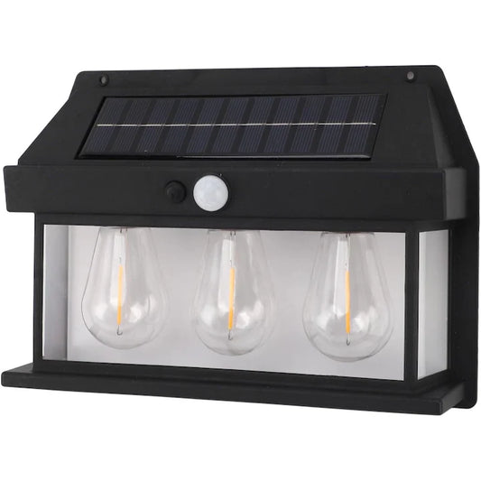 Lampă Solară LED de Perete Tip Felinar Retro 3 Becuri, Iluminat Exterior cu Senzor de Mișcare 8m, 3 Moduri Inteligente de lumina, IP65, Fără Fir, Ideală pentru Curte și Grădină
