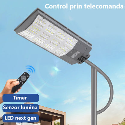 Lampa solara LED Next gen 1000W, 9500 Lumeni, Telecomanda, Senzor de Lumina, Senzor de Miscare, Lumina rece, Stalp metalic inclus, Autonomie mare, Rezistenta la apa, Multiple functii de programare