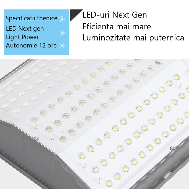 Lampa solara LED Next gen 1000W, 9500 Lumeni, Telecomanda, Senzor de Lumina, Senzor de Miscare, Lumina rece, Stalp metalic inclus, Autonomie mare, Rezistenta la apa, Multiple functii de programare