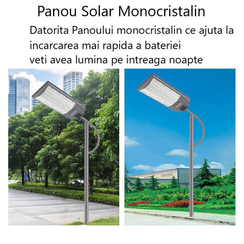Lampa solara LED Next gen 1000W, 9500 Lumeni, Telecomanda, Senzor de Lumina, Senzor de Miscare, Lumina rece, Stalp metalic inclus, Autonomie mare, Rezistenta la apa, Multiple functii de programare