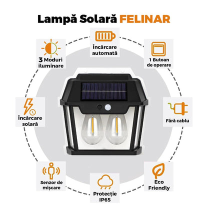 Lampă Solară LED de Perete Tip Felinar 2 Becuri, Iluminat Exterior cu Senzor de Mișcare 8m, 3 Moduri Inteligente de lumina, IP65, Fără Fir, Ideală pentru Curte și Grădină