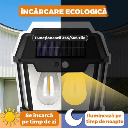Lampă Solară LED de Perete Tip Felinar 2 Becuri, Iluminat Exterior cu Senzor de Mișcare 8m, 3 Moduri Inteligente de lumina, IP65, Fără Fir, Ideală pentru Curte și Grădină