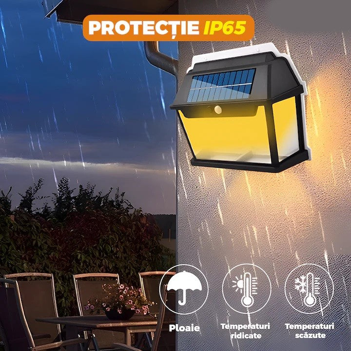 Lampă Solară LED de Perete Tip Felinar 2 Becuri, Iluminat Exterior cu Senzor de Mișcare 8m, 3 Moduri Inteligente de lumina, IP65, Fără Fir, Ideală pentru Curte și Grădină