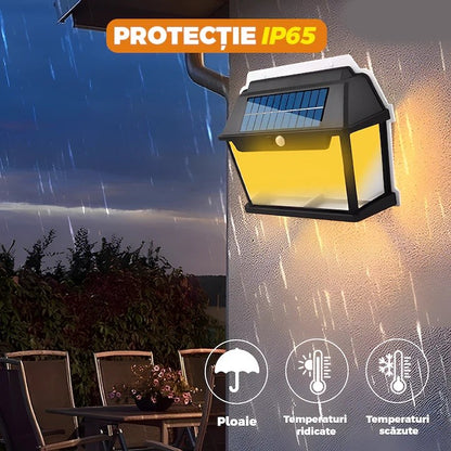 Lampă Solară LED de Perete Tip Felinar 2 Becuri, Iluminat Exterior cu Senzor de Mișcare 8m, 3 Moduri Inteligente de lumina, IP65, Fără Fir, Ideală pentru Curte și Grădină