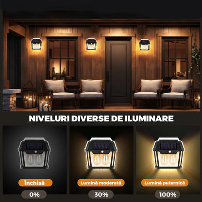 Lampă Solară LED de Perete Tip Felinar 2 Becuri, Iluminat Exterior cu Senzor de Mișcare 8m, 3 Moduri Inteligente de lumina, IP65, Fără Fir, Ideală pentru Curte și Grădină