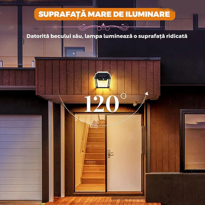 Lampă Solară LED de Perete Tip Felinar 2 Becuri, Iluminat Exterior cu Senzor de Mișcare 8m, 3 Moduri Inteligente de lumina, IP65, Fără Fir, Ideală pentru Curte și Grădină