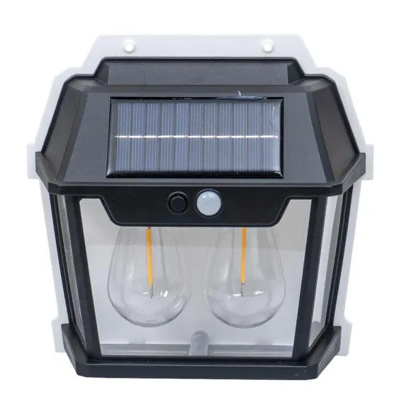 Lampă Solară LED de Perete Tip Felinar 2 Becuri, Iluminat Exterior cu Senzor de Mișcare 8m, 3 Moduri Inteligente de lumina, IP65, Fără Fir, Ideală pentru Curte și Grădină