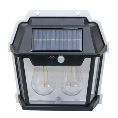 Lampă Solară LED de Perete Tip Felinar 2 Becuri, Iluminat Exterior cu Senzor de Mișcare 8m, 3 Moduri Inteligente de lumina, IP65, Fără Fir, Ideală pentru Curte și Grădină