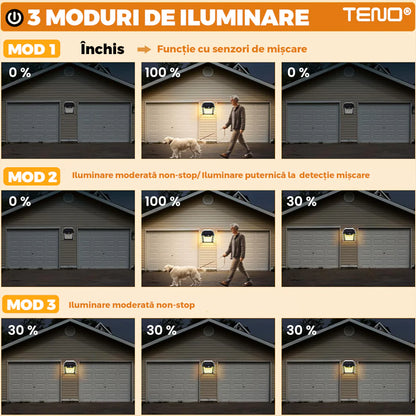 Lampă Solară LED de Perete Tip Felinar Retro 3 Becuri, Iluminat Exterior cu Senzor de Mișcare 8m, 3 Moduri Inteligente de lumina, IP65, Fără Fir, Ideală pentru Curte și Grădină
