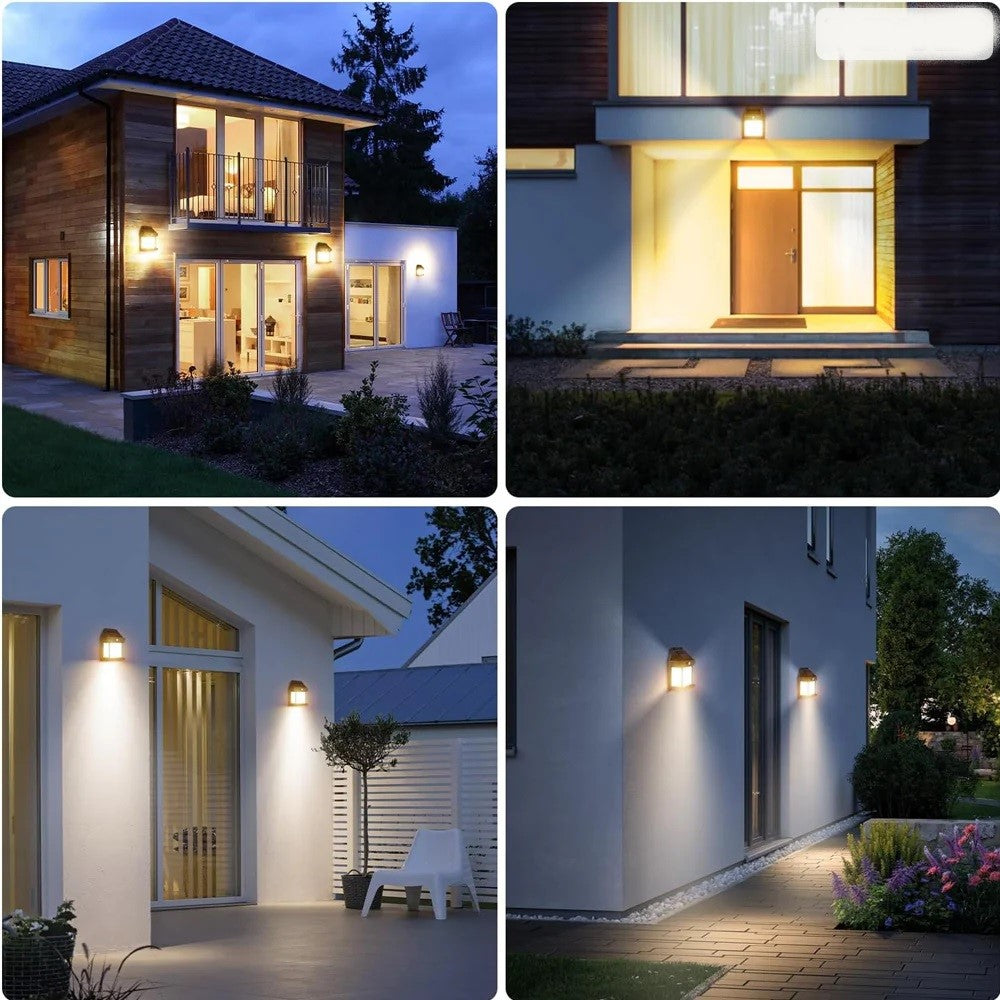 Lampă Solară LED de Perete Tip Felinar 2 Becuri, Iluminat Exterior cu Senzor de Mișcare 8m, 3 Moduri Inteligente de lumina, IP65, Fără Fir, Ideală pentru Curte și Grădină