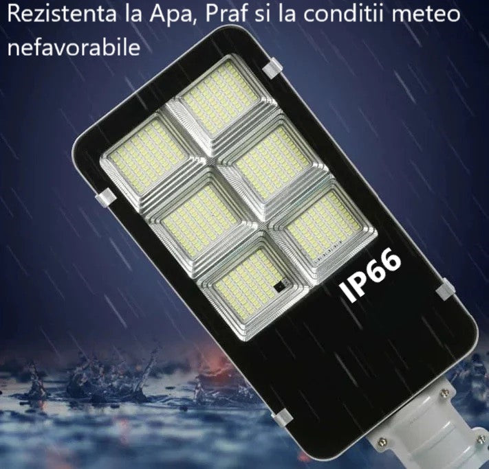 Lampa solara Stradala 300W, Jortan Cip LED Ultra Luminos 8500 Lumeni, Senzor de Lumina, Cu Panou Solar separat Telecomanda Lumina rece, Stalp metalic inclus, Autonomie 14 Ore, Protectie IP66 Rezistenta la apa