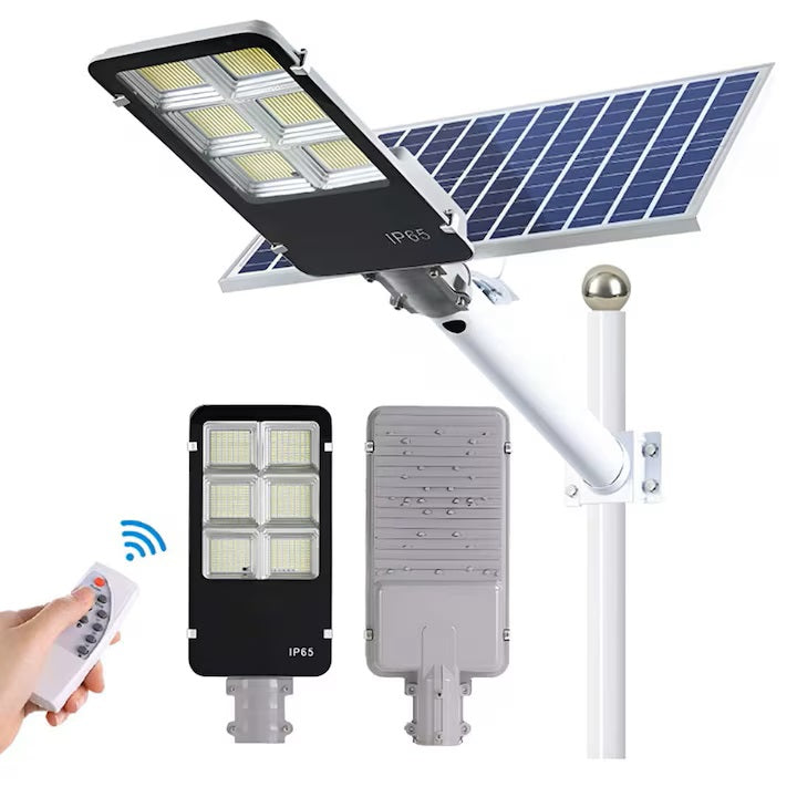 Lampa solara Stradala 300W, Jortan Cip LED Ultra Luminos 8500 Lumeni, Senzor de Lumina, Cu Panou Solar separat Telecomanda Lumina rece, Stalp metalic inclus, Autonomie 14 Ore, Protectie IP66 Rezistenta la apa