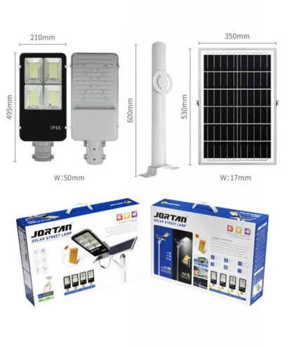 Lampa solara Stradala 300W, Jortan Cip LED Ultra Luminos 8500 Lumeni, Senzor de Lumina, Cu Panou Solar separat Telecomanda Lumina rece, Stalp metalic inclus, Autonomie 14 Ore, Protectie IP66 Rezistenta la apa