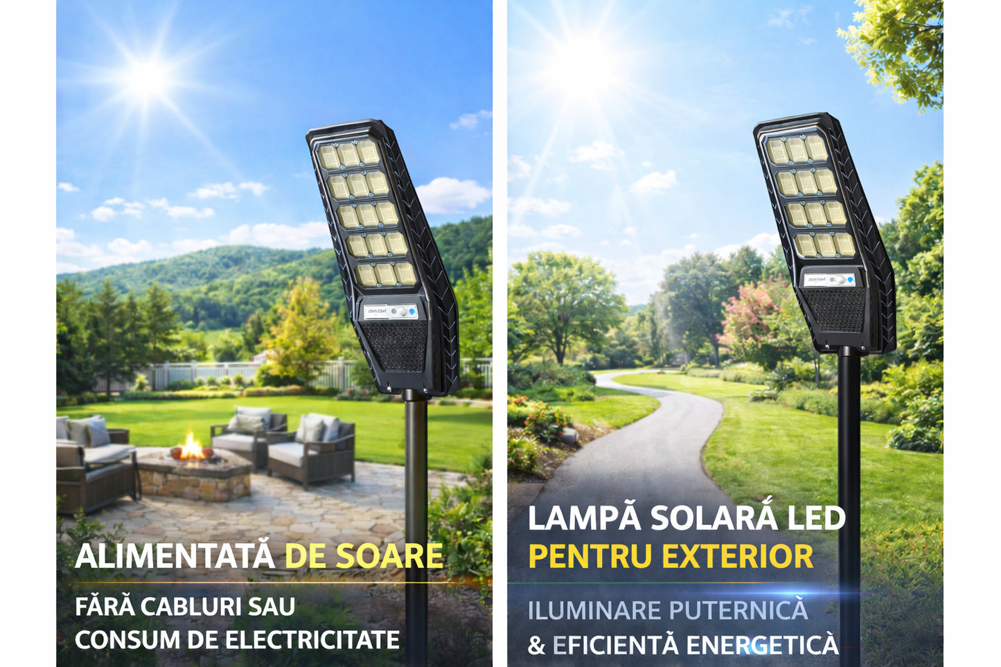 Lampa solara stradala 500W Jortan LumiaX Pro, Cip LED Super Luminos 12.000 Lumeni, Telecomanda, Senzor de Lumina, Autonomie 15 ore, Stalp metalic inclus, Multiple functii de programare
