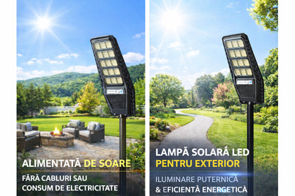 Lampa solara stradala 500W Jortan LumiaX Pro, Cip LED Super Luminos 12.000 Lumeni, Telecomanda, Senzor de Lumina, Autonomie 15 ore, Stalp metalic inclus, Multiple functii de programare