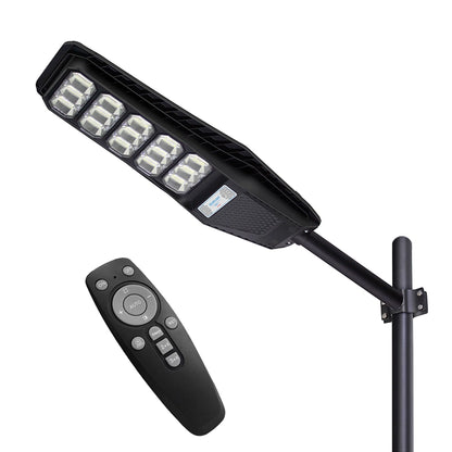 Lampa solara stradala 500W Jortan LumiaX Pro, Cip LED Super Luminos 12.000 Lumeni, Telecomanda, Senzor de Lumina, Autonomie 15 ore, Stalp metalic inclus, Multiple functii de programare