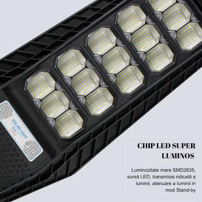 Lampa solara stradala 500W Jortan LumiaX Pro, Cip LED Super Luminos 12.000 Lumeni, Telecomanda, Senzor de Lumina, Autonomie 15 ore, Stalp metalic inclus, Multiple functii de programare