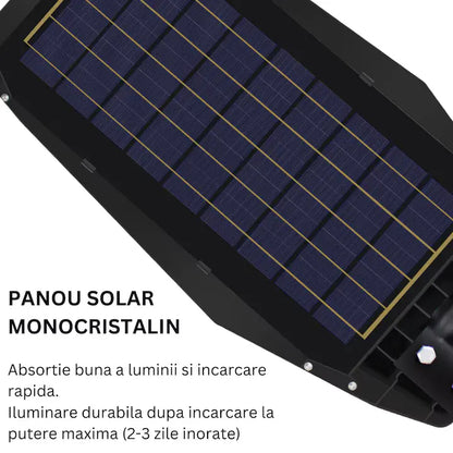 Lampa solara stradala 500W Jortan LumiaX Pro, Cip LED Super Luminos 12.000 Lumeni, Telecomanda, Senzor de Lumina, Autonomie 15 ore, Stalp metalic inclus, Multiple functii de programare