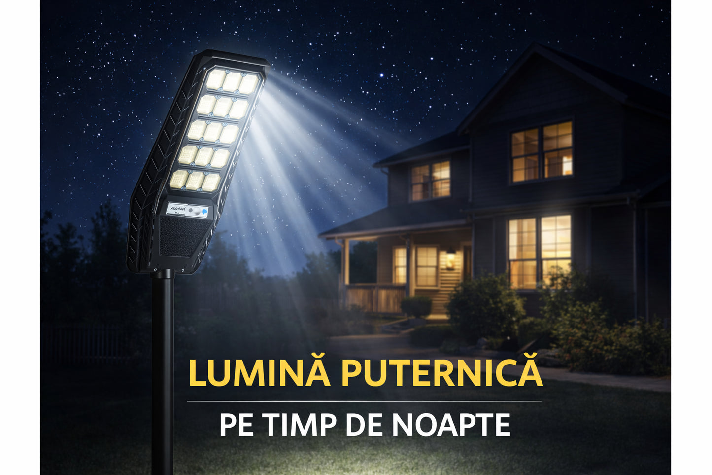 Lampa solara stradala 500W Jortan LumiaX Pro, Cip LED Super Luminos 12.000 Lumeni, Telecomanda, Senzor de Lumina, Autonomie 15 ore, Stalp metalic inclus, Multiple functii de programare
