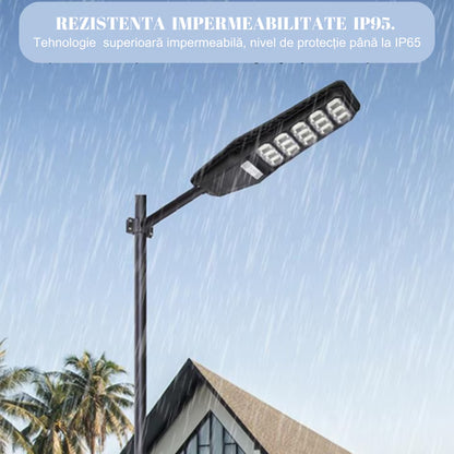 Lampa solara stradala 500W Jortan LumiaX Pro, Cip LED Super Luminos 12.000 Lumeni, Telecomanda, Senzor de Lumina, Autonomie 15 ore, Stalp metalic inclus, Multiple functii de programare