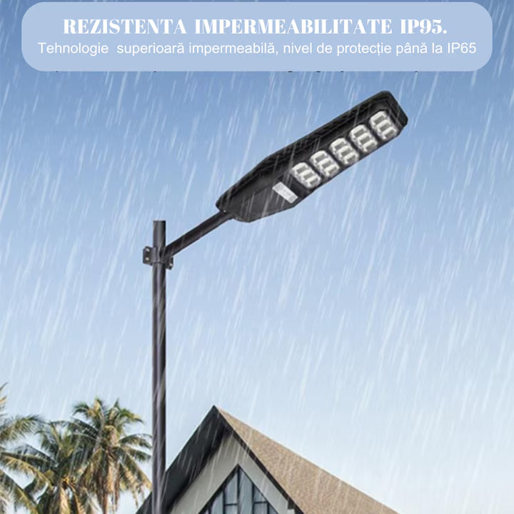 Lampa solara stradala 500W Jortan LumiaX Pro, Cip LED Super Luminos 12.000 Lumeni, Telecomanda, Senzor de Lumina, Autonomie 15 ore, Stalp metalic inclus, Multiple functii de programare