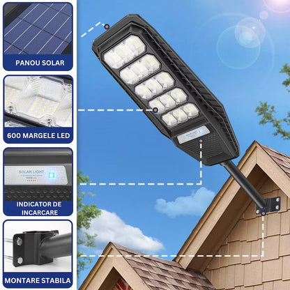Lampa solara stradala 500W Jortan LumiaX Pro, Cip LED Super Luminos 12.000 Lumeni, Telecomanda, Senzor de Lumina, Autonomie 15 ore, Stalp metalic inclus, Multiple functii de programare