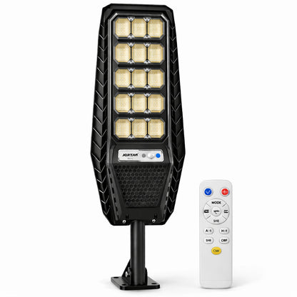 Lampa solara stradala 500W Jortan LumiaX Pro, Cip LED Super Luminos 12.000 Lumeni, Telecomanda, Senzor de Lumina, Autonomie 15 ore, Stalp metalic inclus, Multiple functii de programare