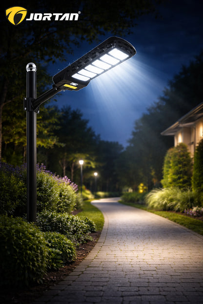 Lampa Solara Stradala 800W Jortan Pro Light LED Super Luminos 13.000 Lumeni, Autonomie 15 ore Programare inteligent din telecomanda, Stalp metalic inclus